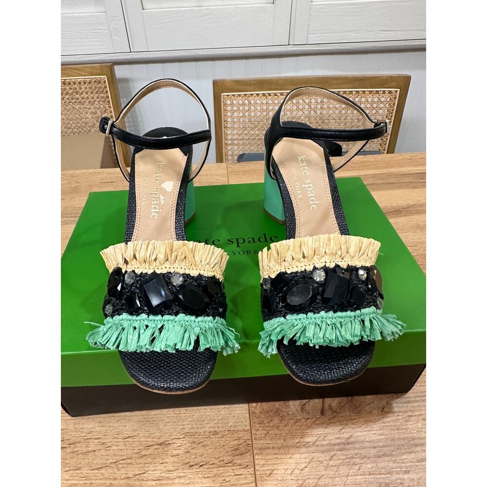 Kate Spade Bora Bora Heel Black Natural Mint Crochet Raffia Size 5 NIB Vacation - Picture 5 of 16
